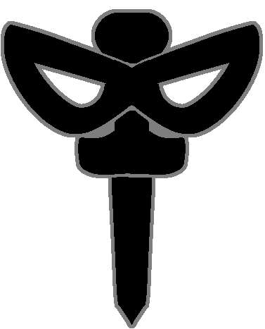 A black dagger with a domino mask over it and a gray outline